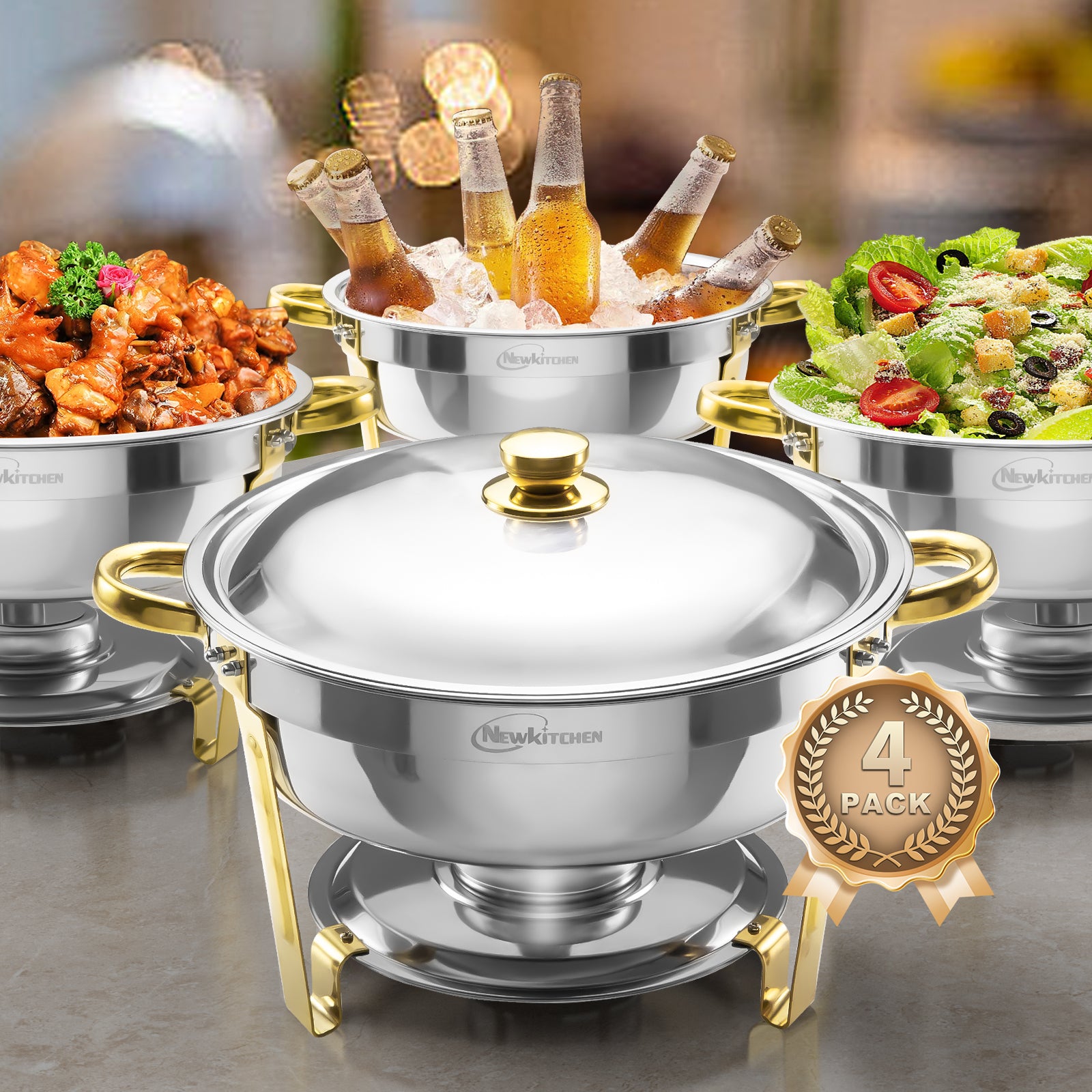 🔥Buffet 4-Piece, 6-Quart (Approx. 1.8 Liter) Round Buffet Plates [Elegant Gold and Silver] Stainless Steel Friction Plate Buffet Set Great for any party!