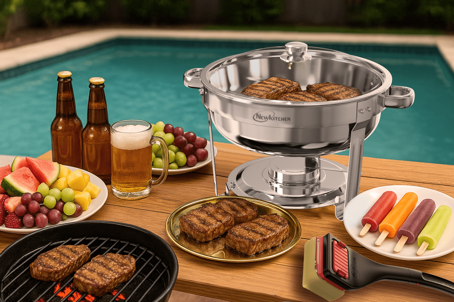 Full summer buffet table setup with folding chafing dishes grilled meats salads and drinks