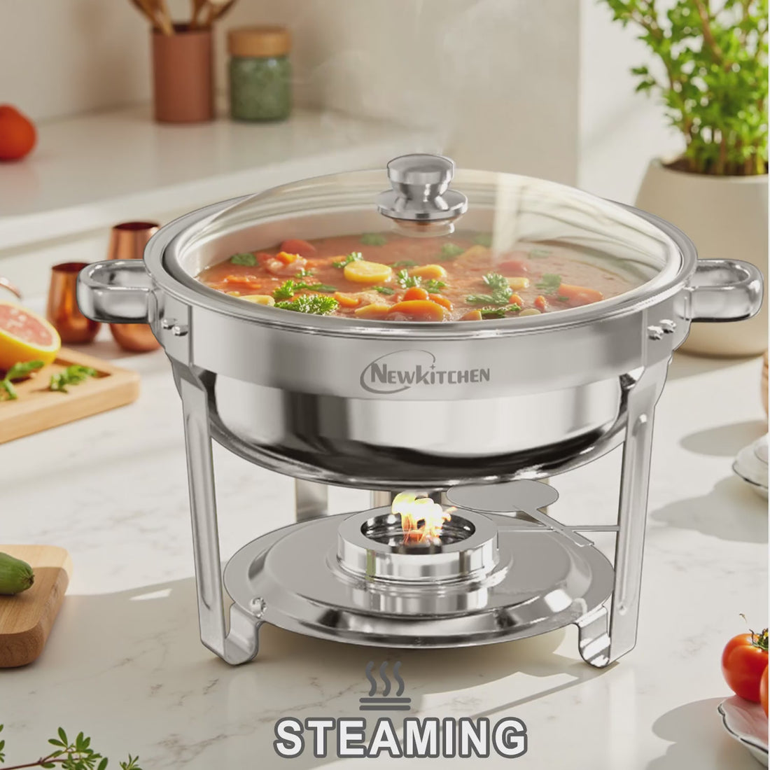 newkitchen round chafing dish steaming silver